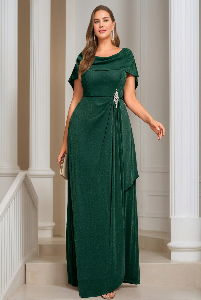 A-Line/Princess Scoop Neck Short Sleeves Floor-length Plus Size Mother of the Bride Dresses with Ruffles & Sequins