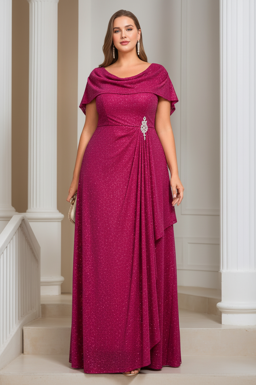 A-Line/Princess Scoop Neck Short Sleeves Floor-length Plus Size Mother of the Bride Dresses with Ruffles & Sequins