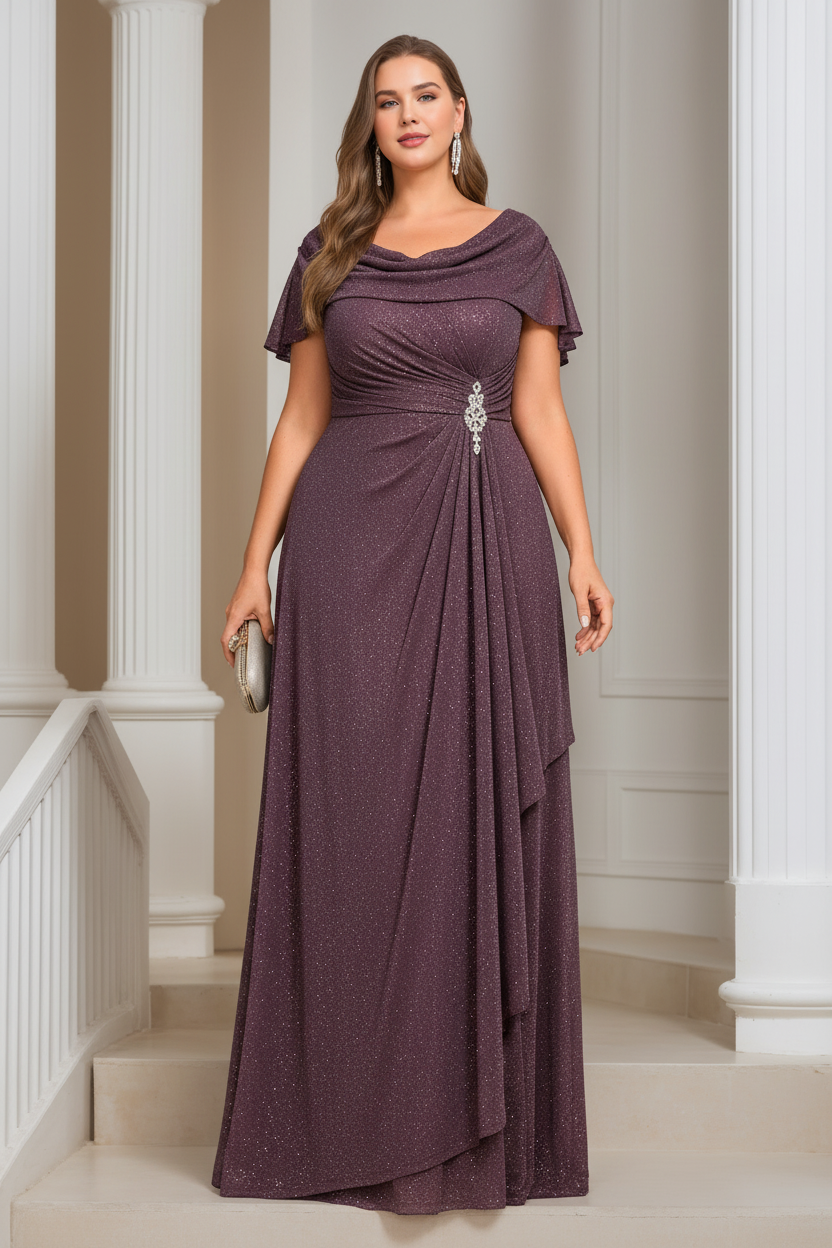 A-Line/Princess Scoop Neck Short Sleeves Floor-length Plus Size Mother of the Bride Dresses with Ruffles & Sequins