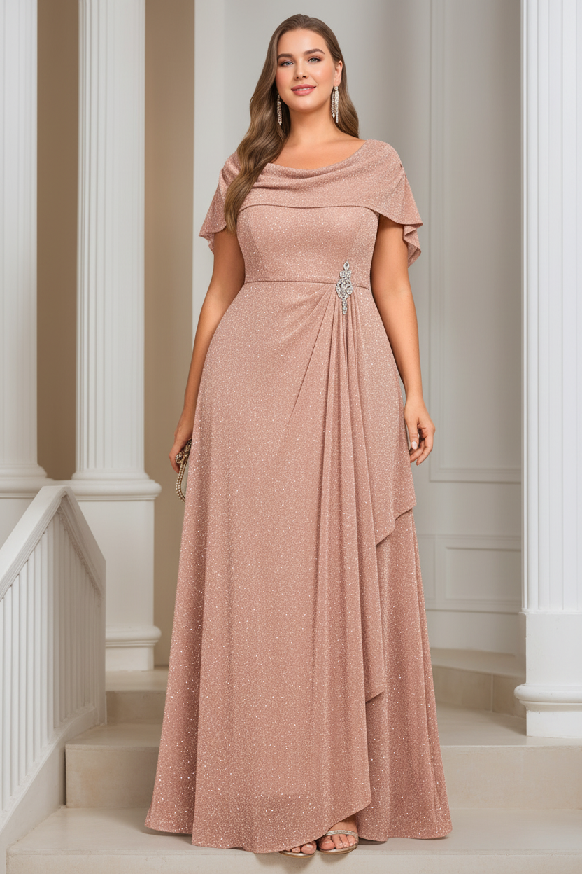 A-Line/Princess Scoop Neck Short Sleeves Floor-length Plus Size Mother of the Bride Dresses with Ruffles & Sequins