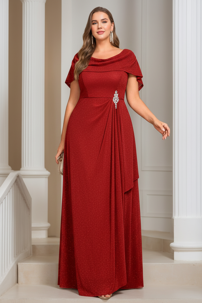 A-Line/Princess Scoop Neck Short Sleeves Floor-length Plus Size Mother of the Bride Dresses with Ruffles & Sequins