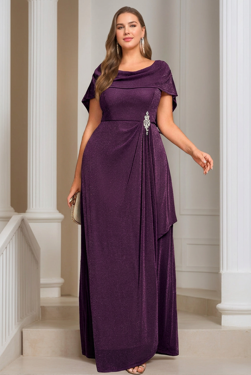 A-Line/Princess Scoop Neck Short Sleeves Floor-length Plus Size Mother of the Bride Dresses with Ruffles & Sequins