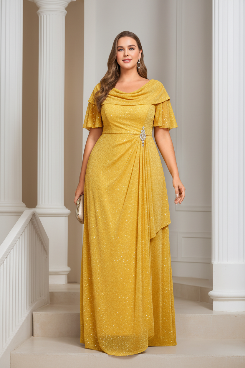 A-Line/Princess Scoop Neck Short Sleeves Floor-length Plus Size Mother of the Bride Dresses with Ruffles & Sequins
