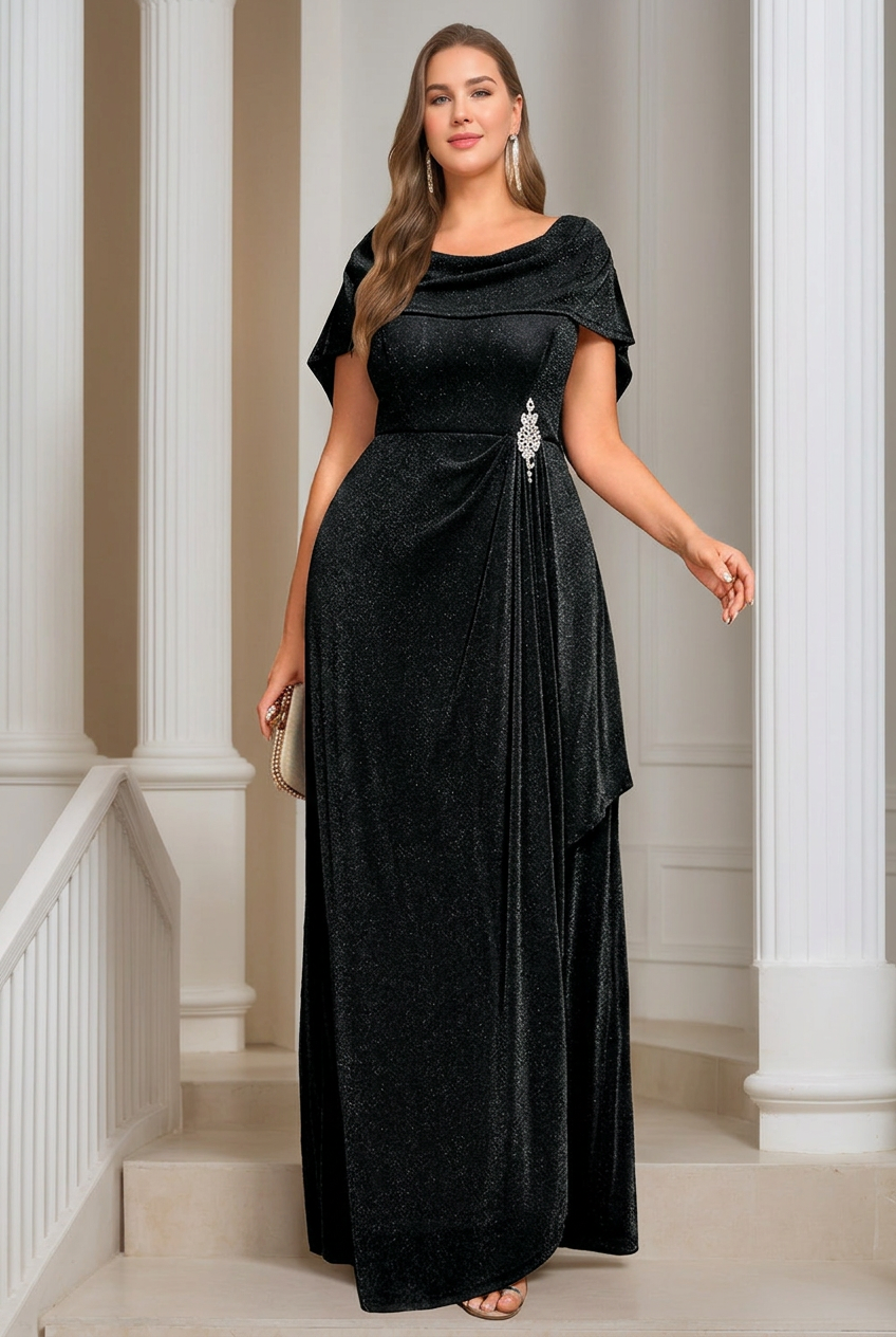 A-Line/Princess Scoop Neck Short Sleeves Floor-length Plus Size Mother of the Bride Dresses with Ruffles & Sequins