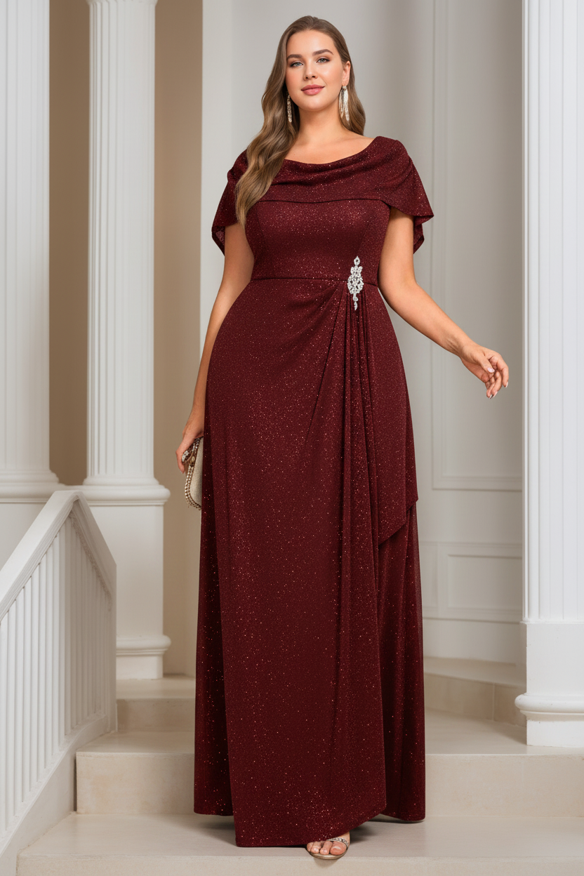 A-Line/Princess Scoop Neck Short Sleeves Floor-length Plus Size Mother of the Bride Dresses with Ruffles & Sequins