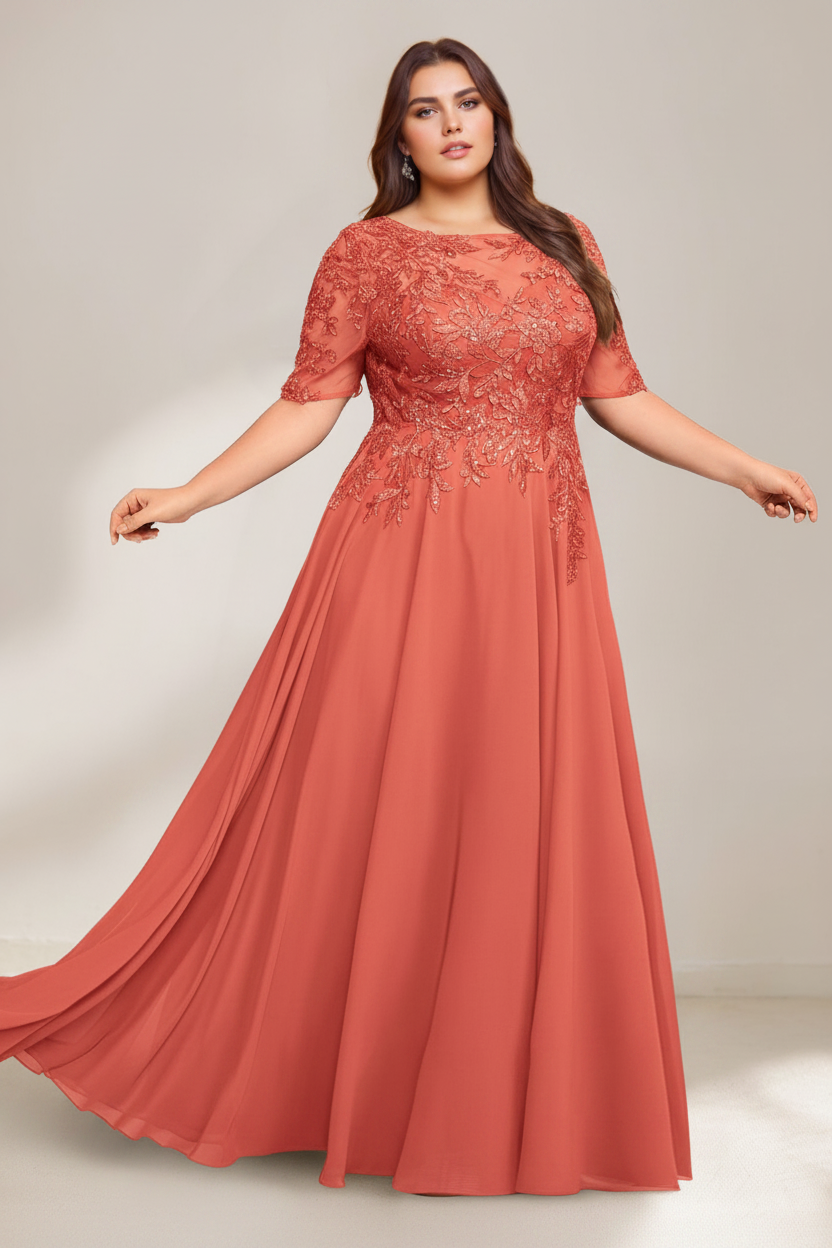 A-Line/Princess Scoop Plus Size Mother of the Bride Dresses Chiffon Floor-Length Sequins