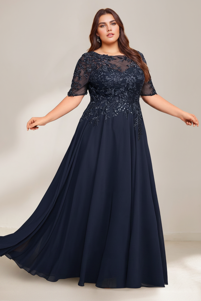 A-Line/Princess Scoop Plus Size Mother of the Bride Dresses Chiffon Floor-Length Sequins