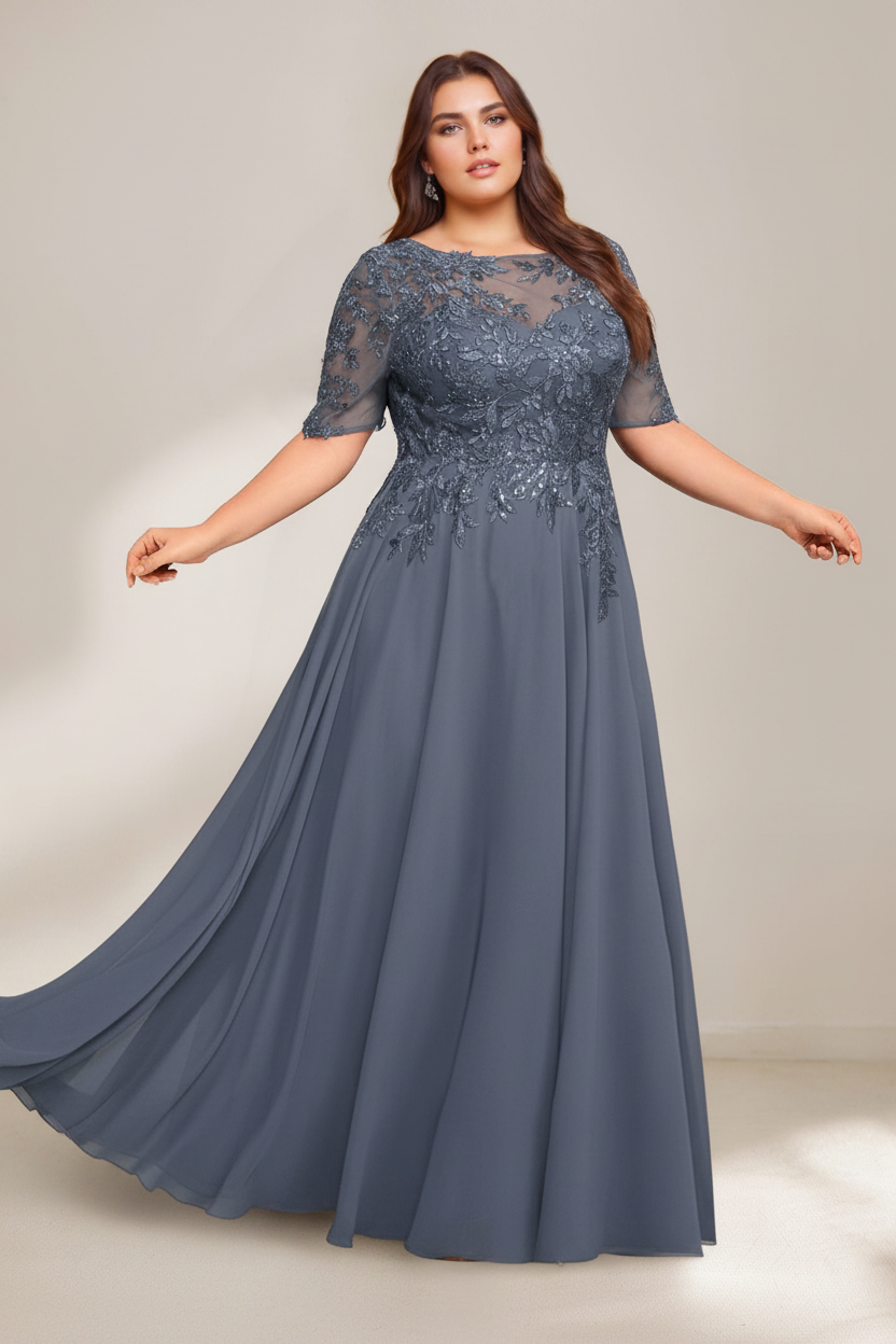 A-Line/Princess Scoop Plus Size Mother of the Bride Dresses Chiffon Floor-Length Sequins