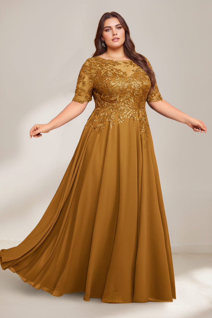 A-Line/Princess Scoop Plus Size Mother of the Bride Dresses Chiffon Floor-Length Sequins