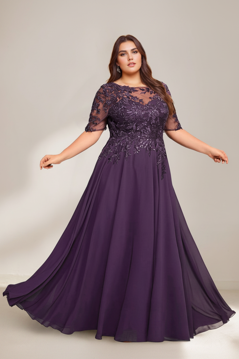 A-Line/Princess Scoop Plus Size Mother of the Bride Dresses Chiffon Floor-Length Sequins