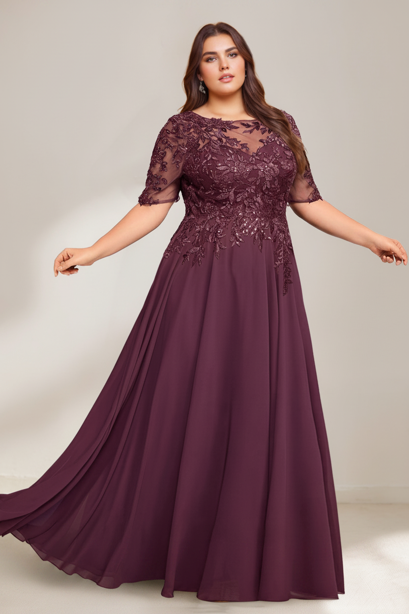 A-Line/Princess Scoop Plus Size Mother of the Bride Dresses Chiffon Floor-Length Sequins