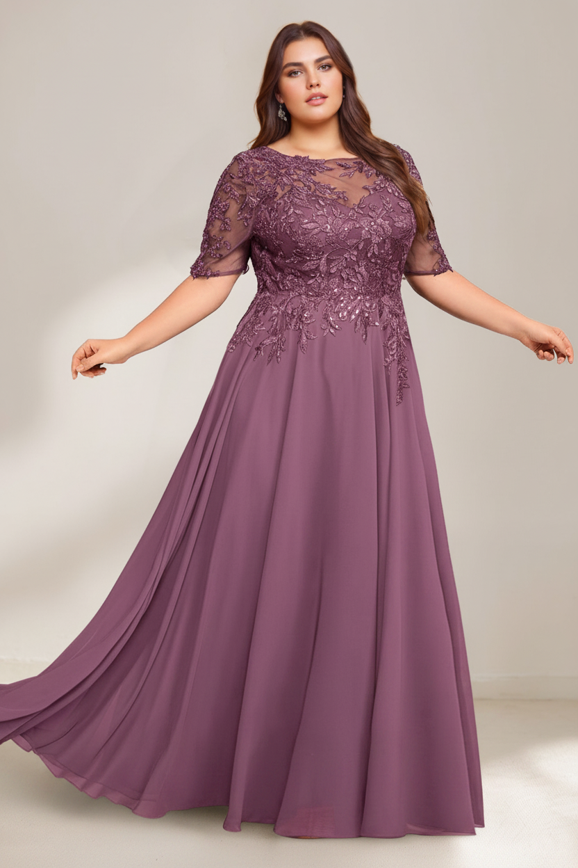 A-Line/Princess Scoop Plus Size Mother of the Bride Dresses Chiffon Floor-Length Sequins
