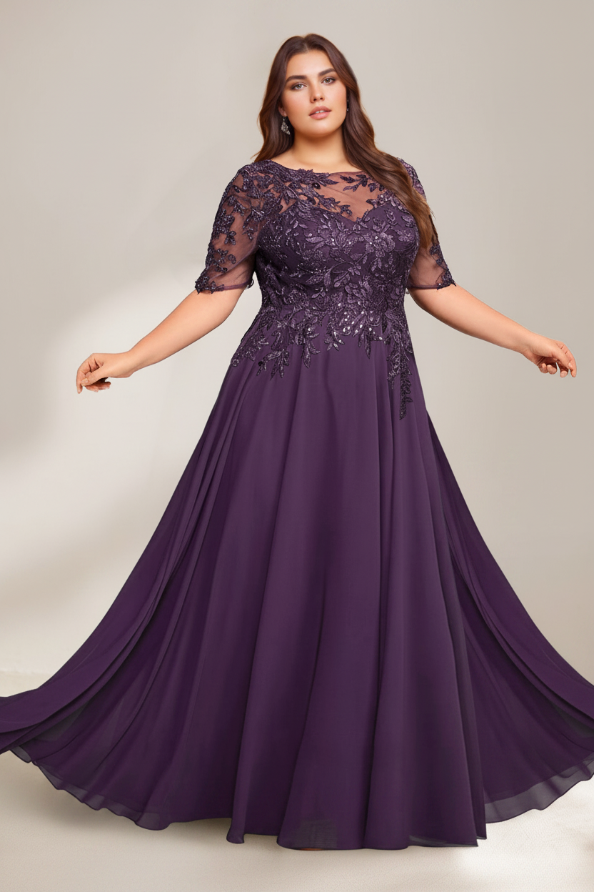 A-Line/Princess Scoop Plus Size Mother of the Bride Dresses Chiffon Floor-Length Sequins