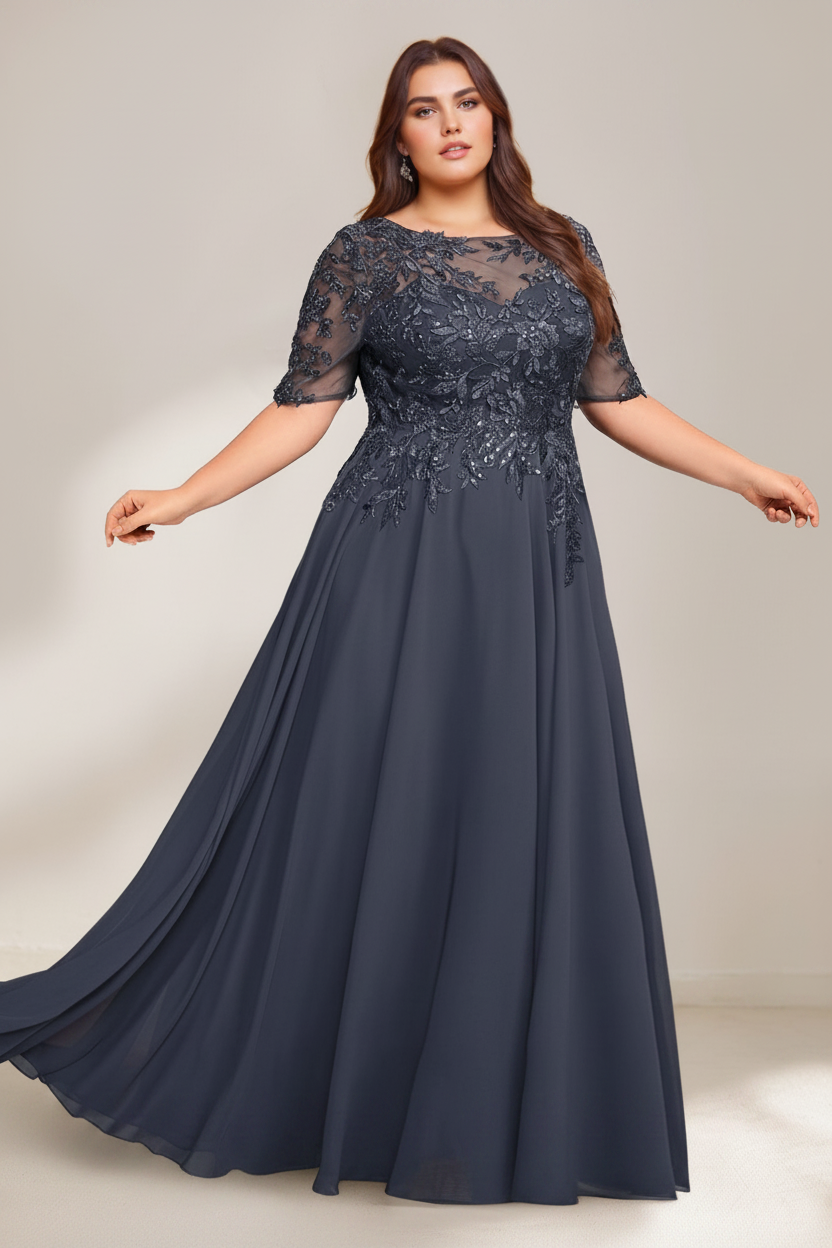 A-Line/Princess Scoop Plus Size Mother of the Bride Dresses Chiffon Floor-Length Sequins