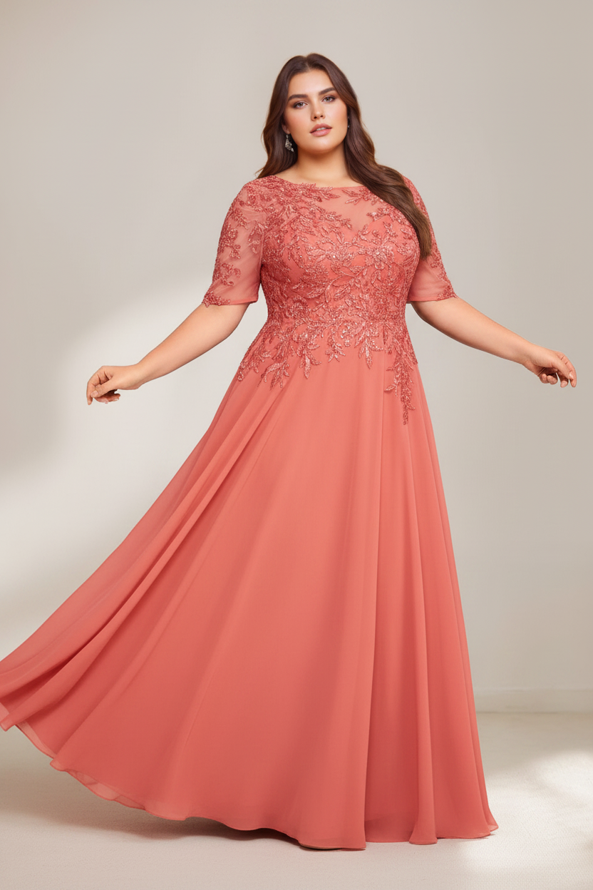 A-Line/Princess Scoop Plus Size Mother of the Bride Dresses Chiffon Floor-Length Sequins