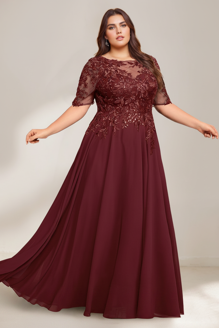 A-Line/Princess Scoop Plus Size Mother of the Bride Dresses Chiffon Floor-Length Sequins
