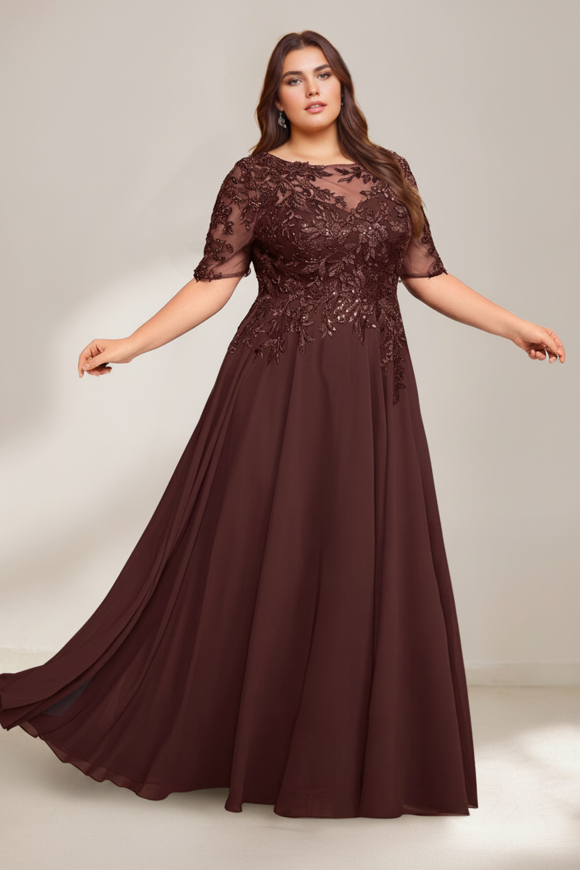 A-Line/Princess Scoop Plus Size Mother of the Bride Dresses Chiffon Floor-Length Sequins