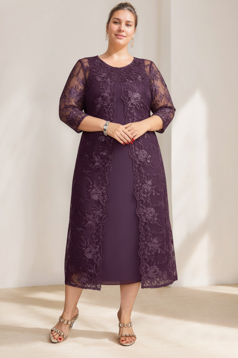 A-Line/Princess Scoop Plus Size Mother of the Bride Dresses Chiffon with Lace Wrap/Jacket