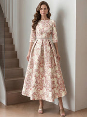 A-Line/Princess Scoop Printed Satin Mother of the Bride Dresses Half Sleeves Floral Tea-Length Sash