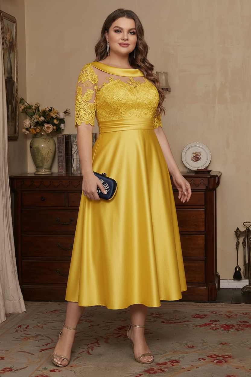 A-Line/Princess Scoop Satin Plus Size Mother of the Bride Dresses Lace Half Sleeves Tea-Length