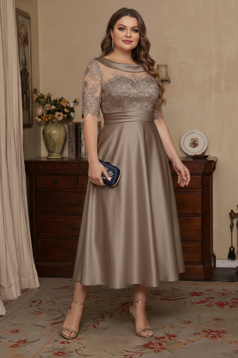 A-Line/Princess Scoop Satin Plus Size Mother of the Bride Dresses Lace Half Sleeves Tea-Length