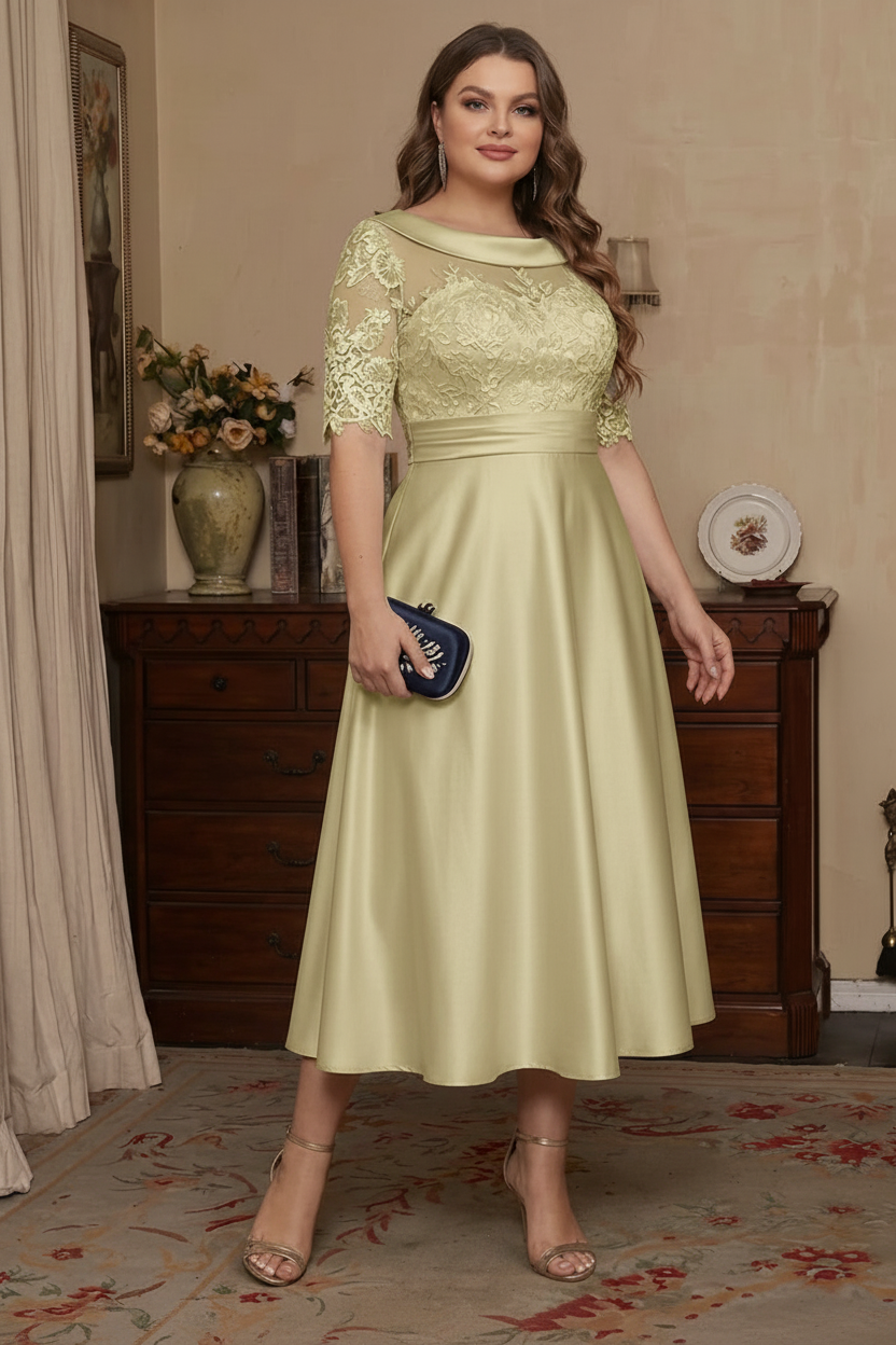 A-Line/Princess Scoop Satin Plus Size Mother of the Bride Dresses Lace Half Sleeves Tea-Length