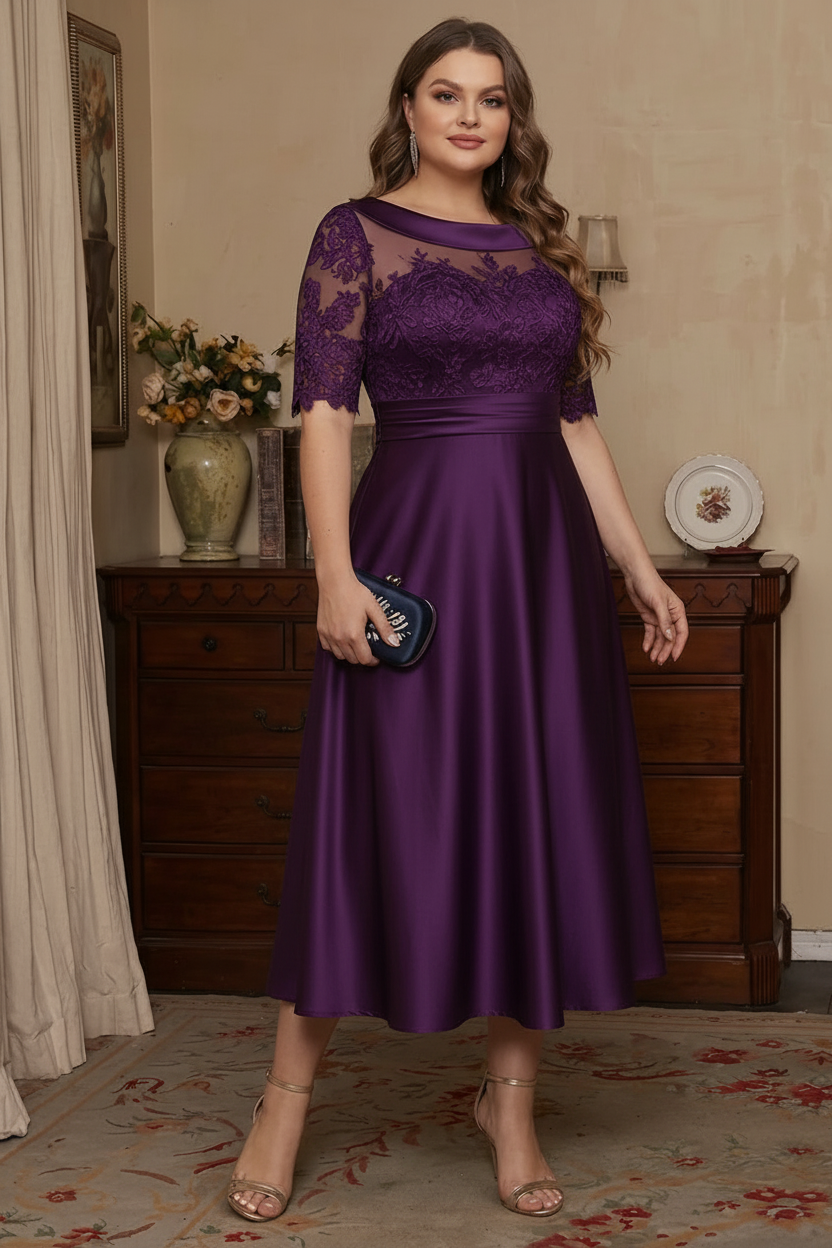 A-Line/Princess Scoop Satin Plus Size Mother of the Bride Dresses Lace Half Sleeves Tea-Length
