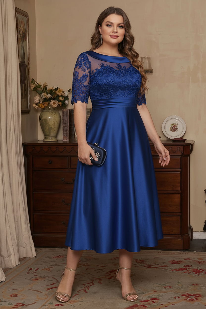A-Line/Princess Scoop Satin Plus Size Mother of the Bride Dresses Lace Half Sleeves Tea-Length