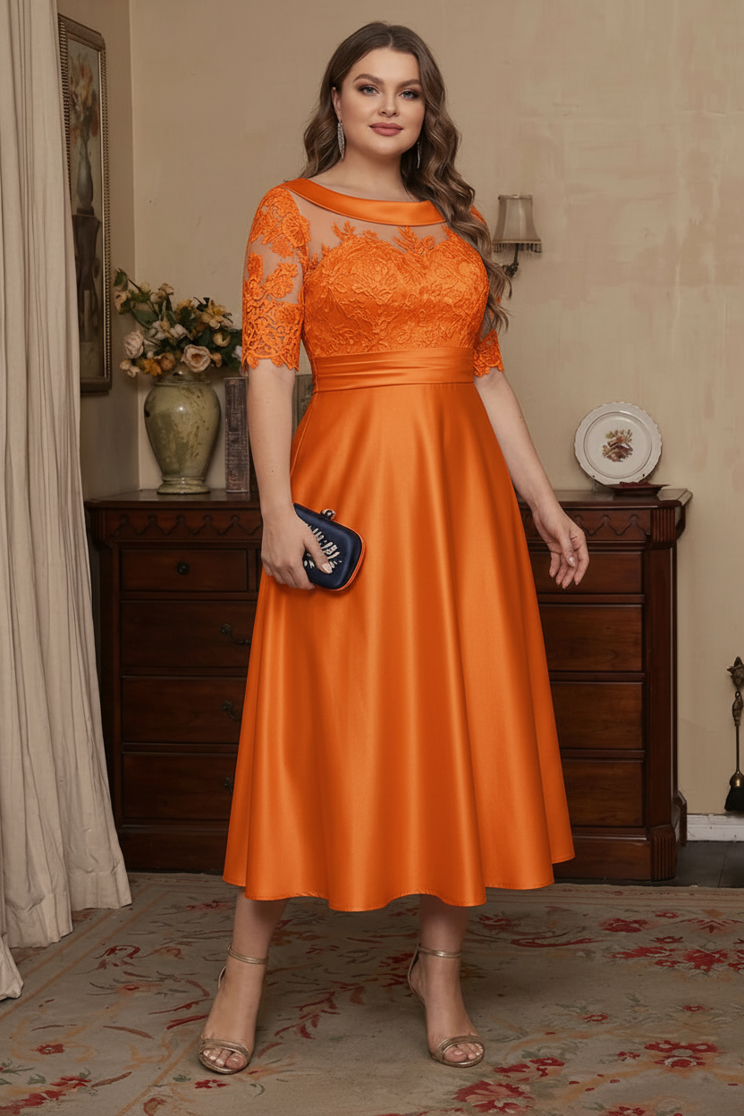 A-Line/Princess Scoop Satin Plus Size Mother of the Bride Dresses Lace Half Sleeves Tea-Length