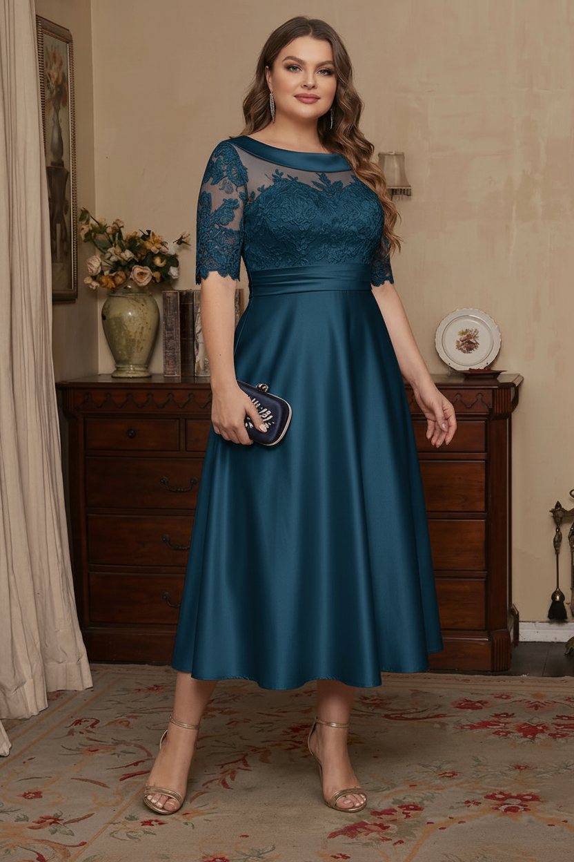 A-Line/Princess Scoop Satin Plus Size Mother of the Bride Dresses Lace Half Sleeves Tea-Length