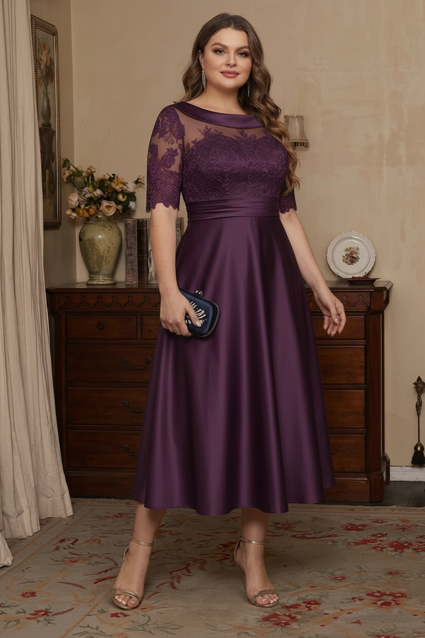 A-Line/Princess Scoop Satin Plus Size Mother of the Bride Dresses Lace Half Sleeves Tea-Length