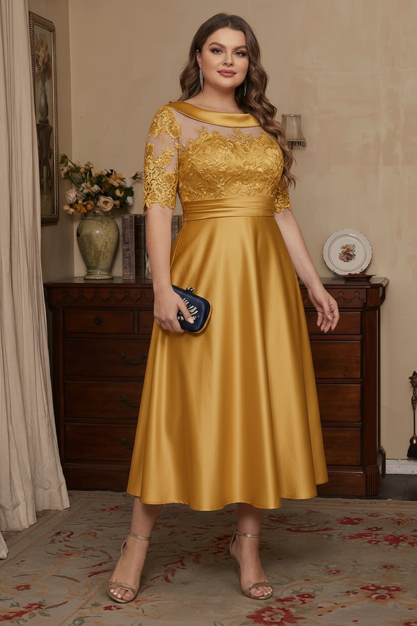 A-Line/Princess Scoop Satin Plus Size Mother of the Bride Dresses Lace Half Sleeves Tea-Length