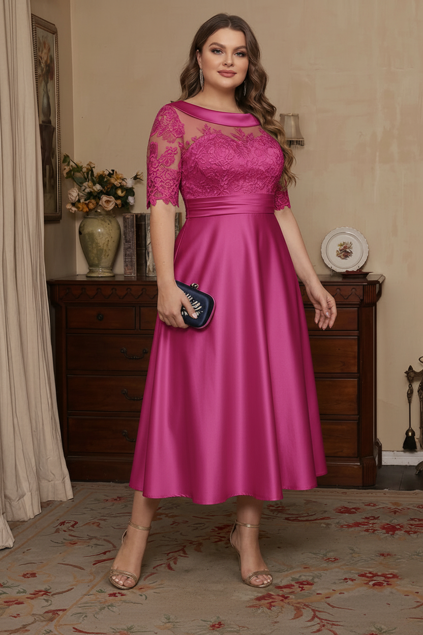 A-Line/Princess Scoop Satin Plus Size Mother of the Bride Dresses Lace Half Sleeves Tea-Length