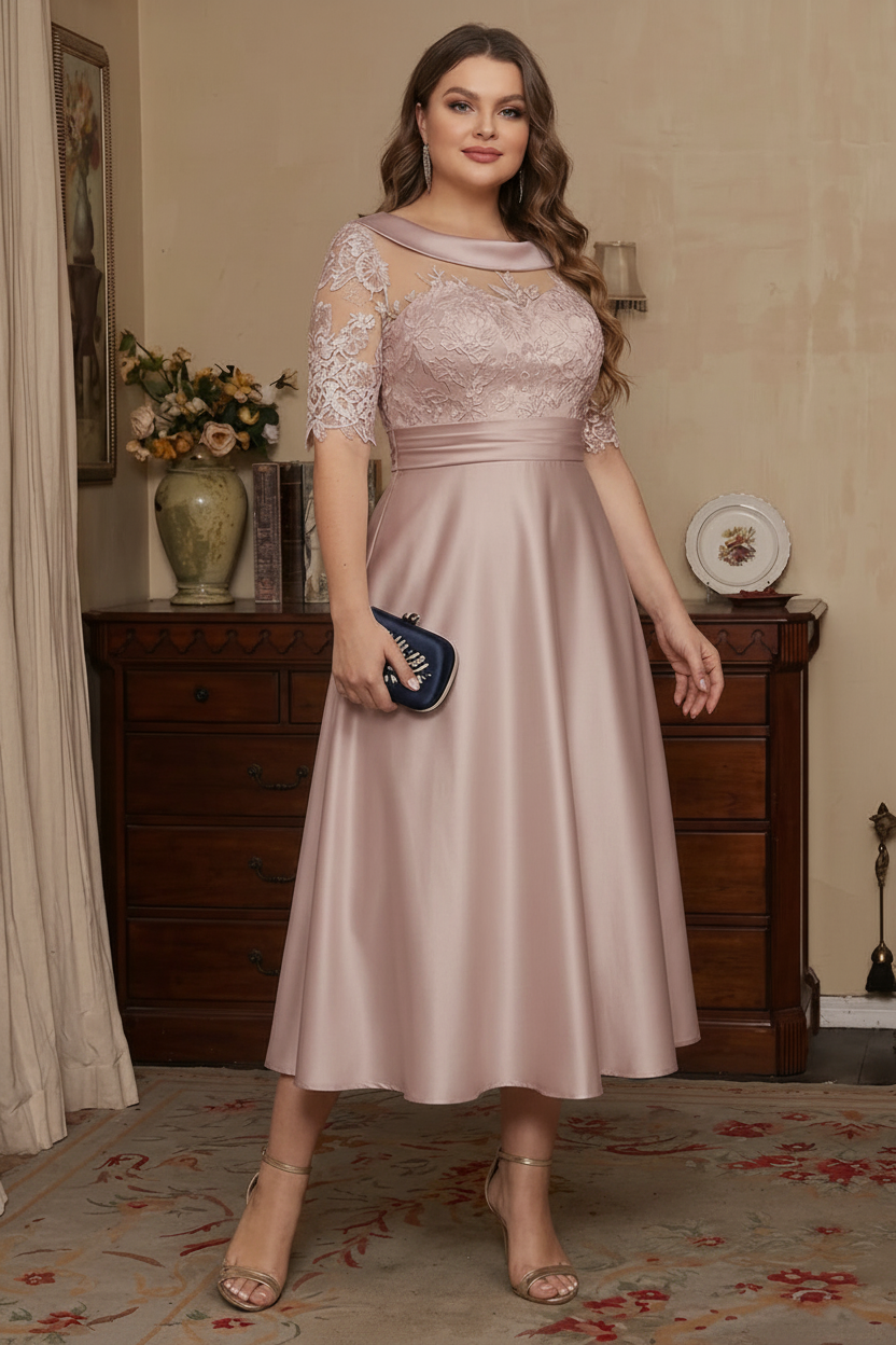 A-Line/Princess Scoop Satin Plus Size Mother of the Bride Dresses Lace Half Sleeves Tea-Length