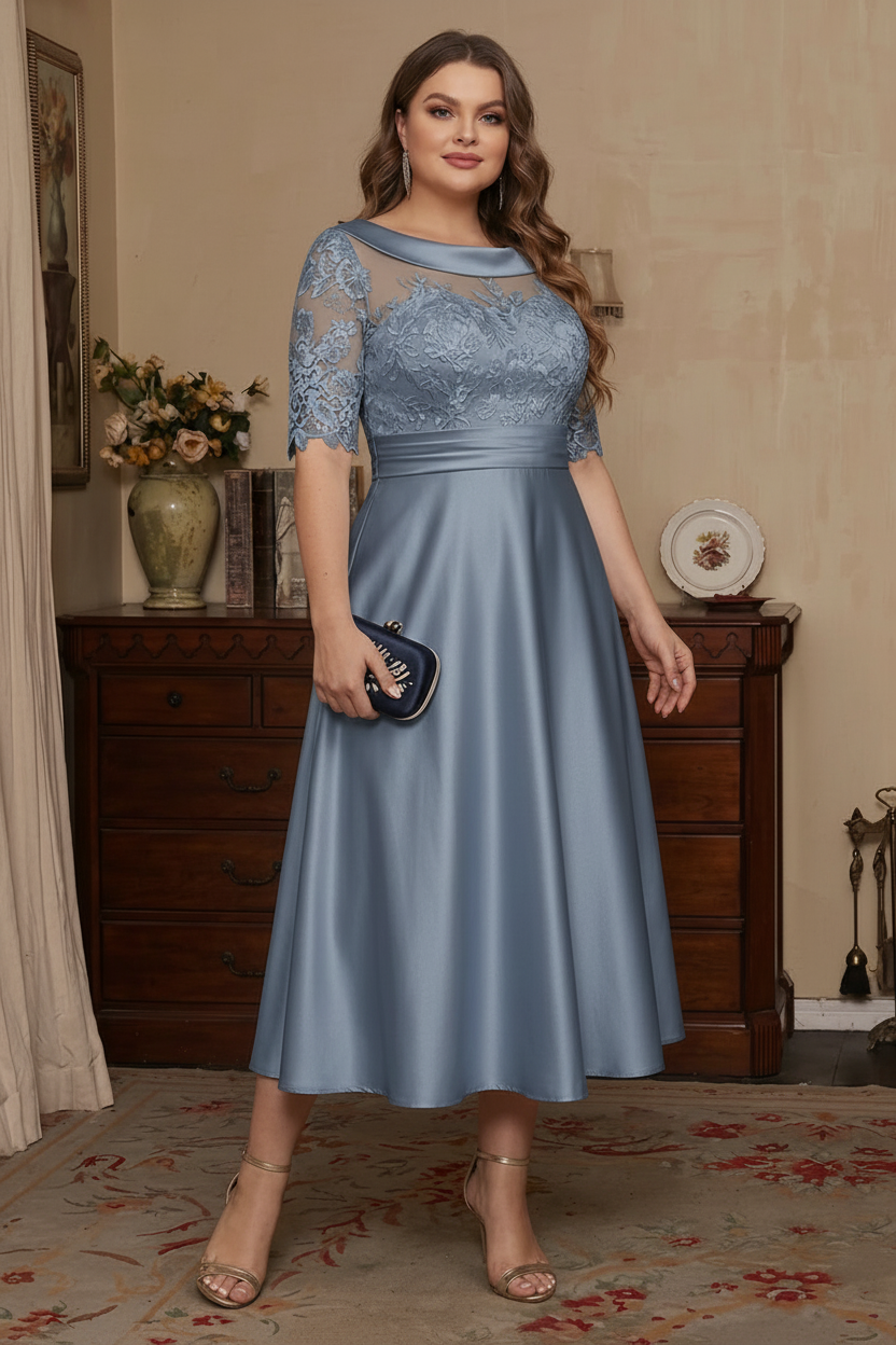 A-Line/Princess Scoop Satin Plus Size Mother of the Bride Dresses Lace Half Sleeves Tea-Length