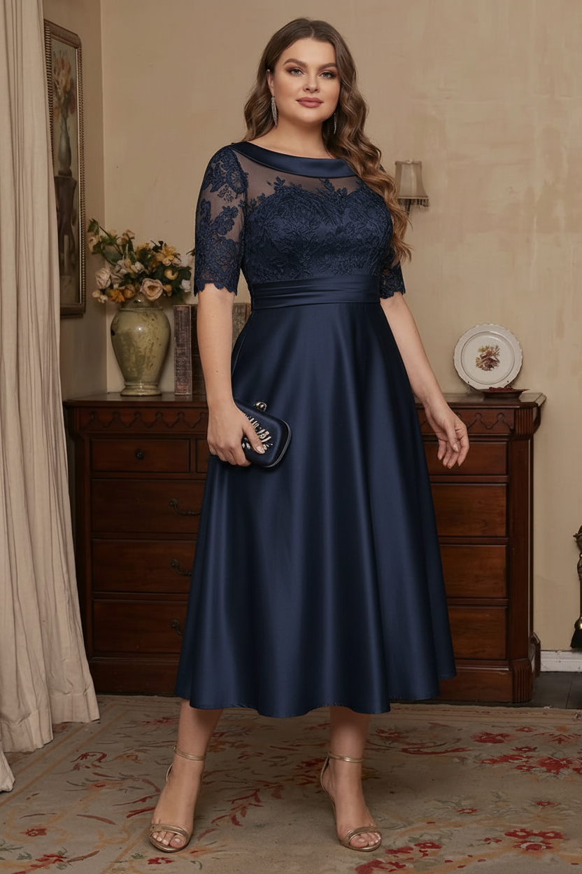 A-Line/Princess Scoop Satin Plus Size Mother of the Bride Dresses Lace Half Sleeves Tea-Length