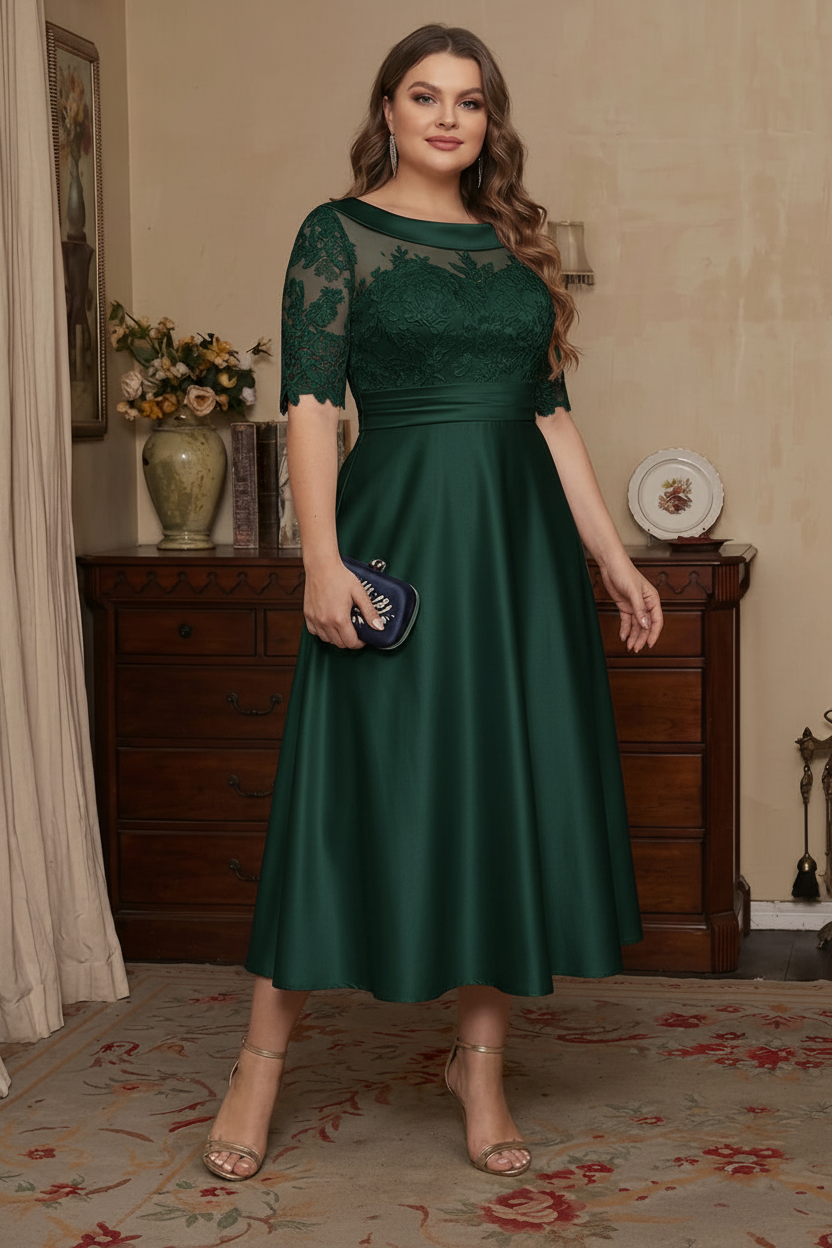 A-Line/Princess Scoop Satin Plus Size Mother of the Bride Dresses Lace Half Sleeves Tea-Length