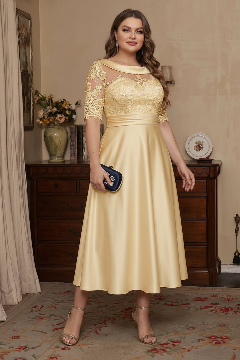 A-Line/Princess Scoop Satin Plus Size Mother of the Bride Dresses Lace Half Sleeves Tea-Length