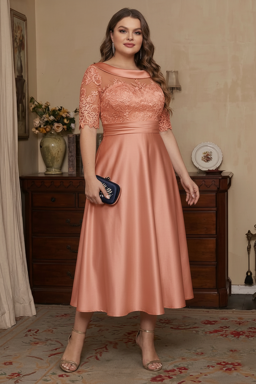 A-Line/Princess Scoop Satin Plus Size Mother of the Bride Dresses Lace Half Sleeves Tea-Length