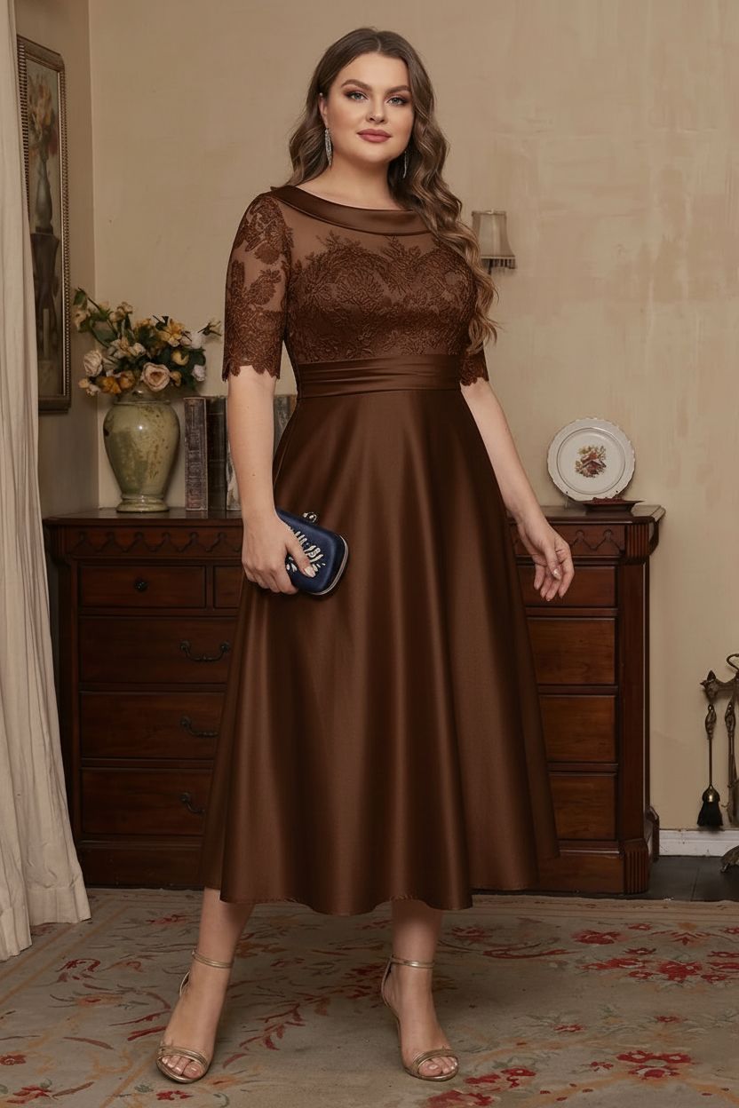 A-Line/Princess Scoop Satin Plus Size Mother of the Bride Dresses Lace Half Sleeves Tea-Length