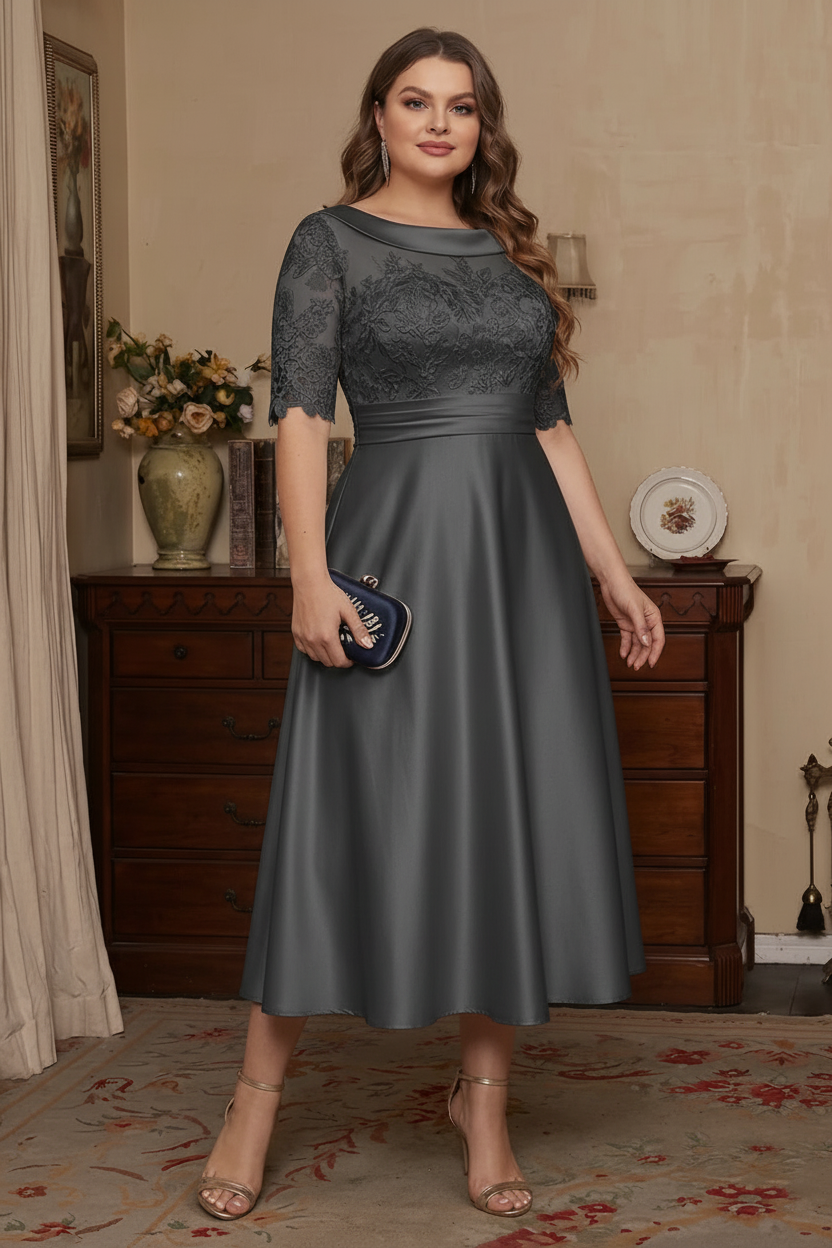 A-Line/Princess Scoop Satin Plus Size Mother of the Bride Dresses Lace Half Sleeves Tea-Length