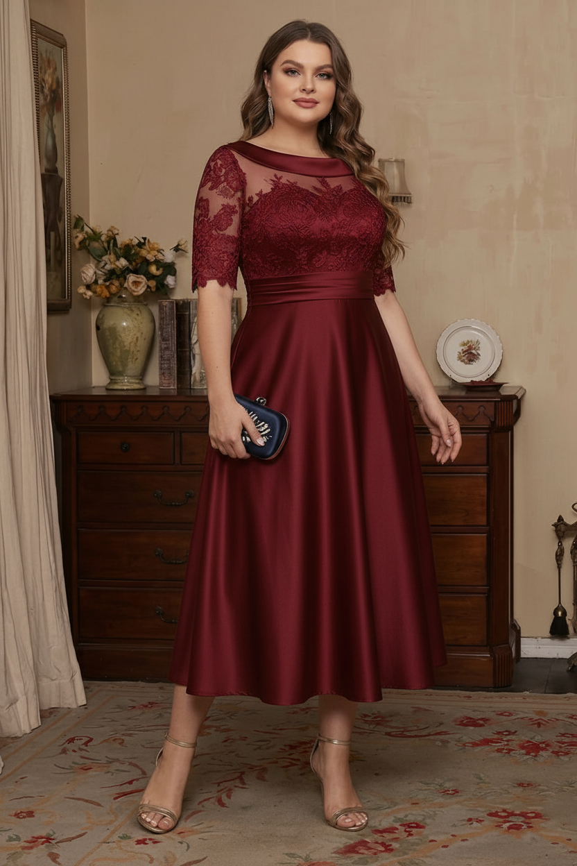 A-Line/Princess Scoop Satin Plus Size Mother of the Bride Dresses Lace Half Sleeves Tea-Length