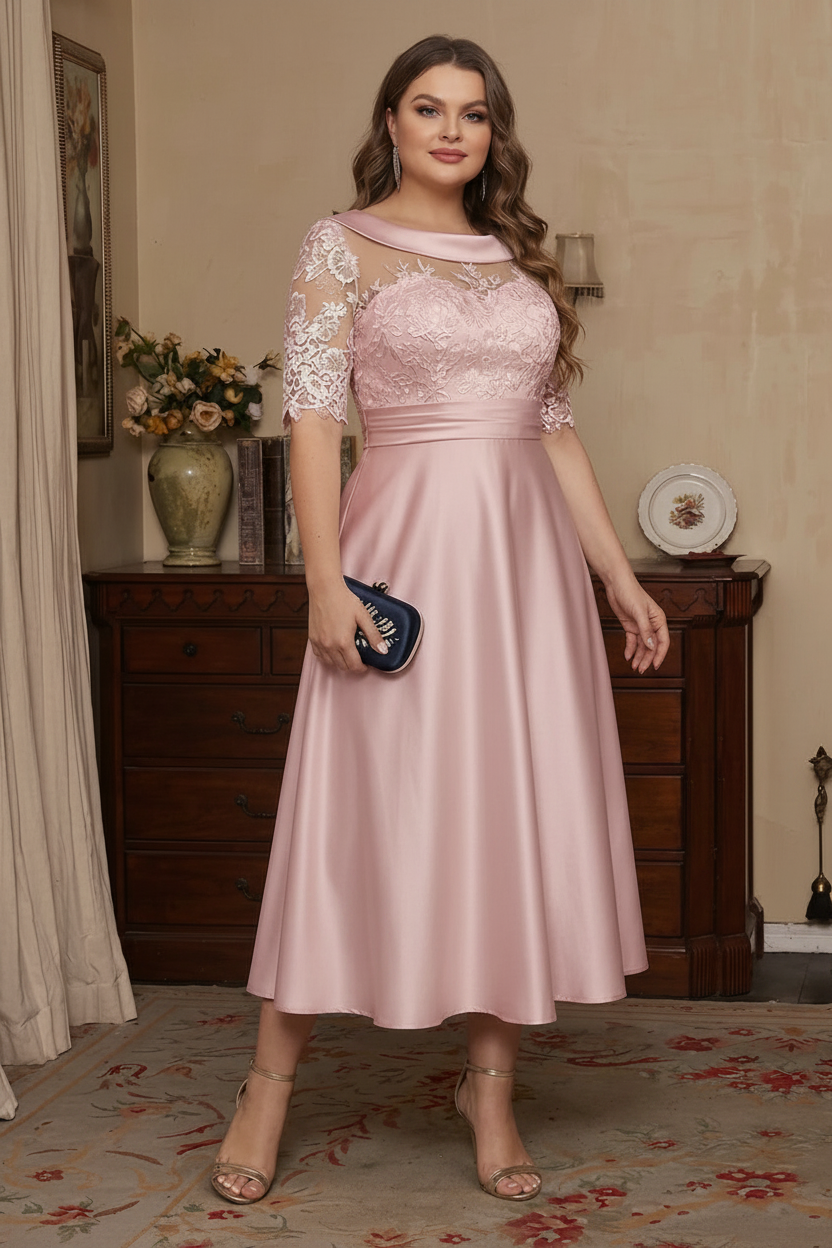 A-Line/Princess Scoop Satin Plus Size Mother of the Bride Dresses Lace Half Sleeves Tea-Length