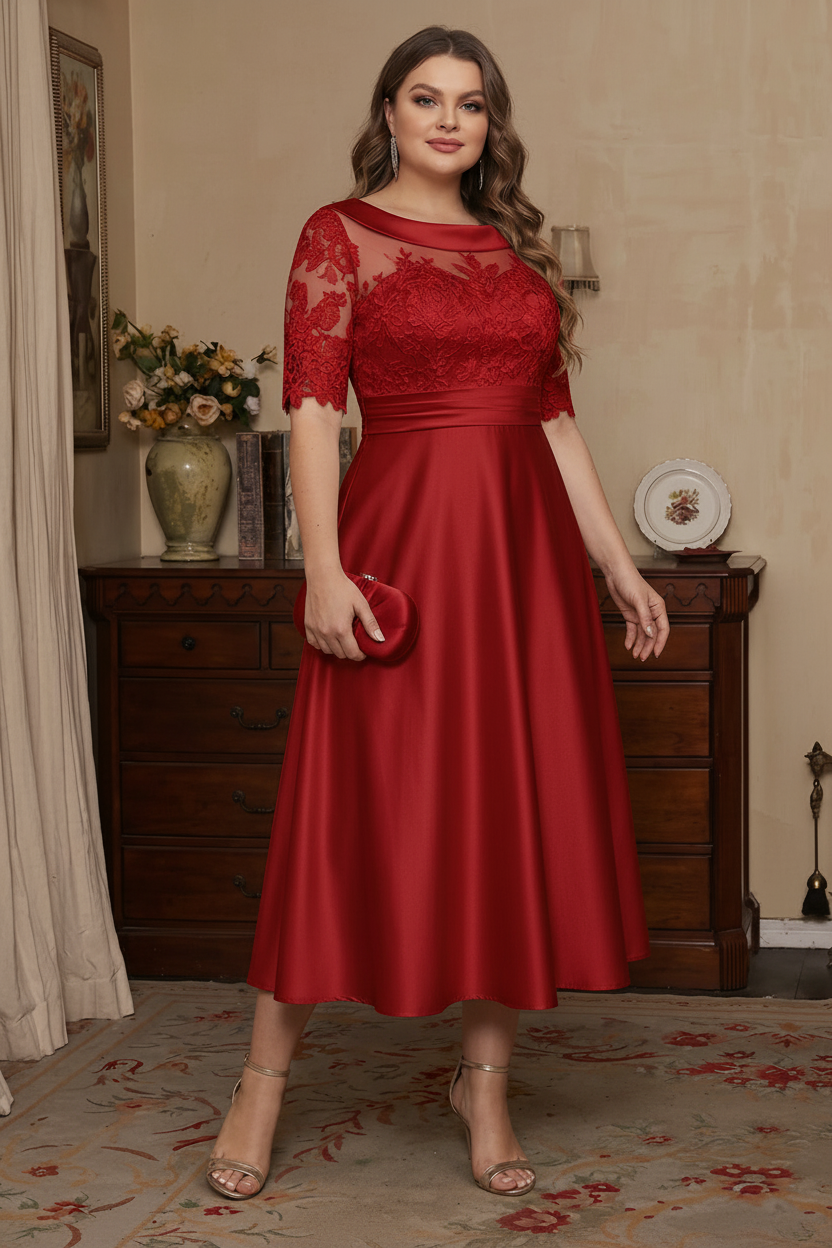 A-Line/Princess Scoop Satin Plus Size Mother of the Bride Dresses Lace Half Sleeves Tea-Length