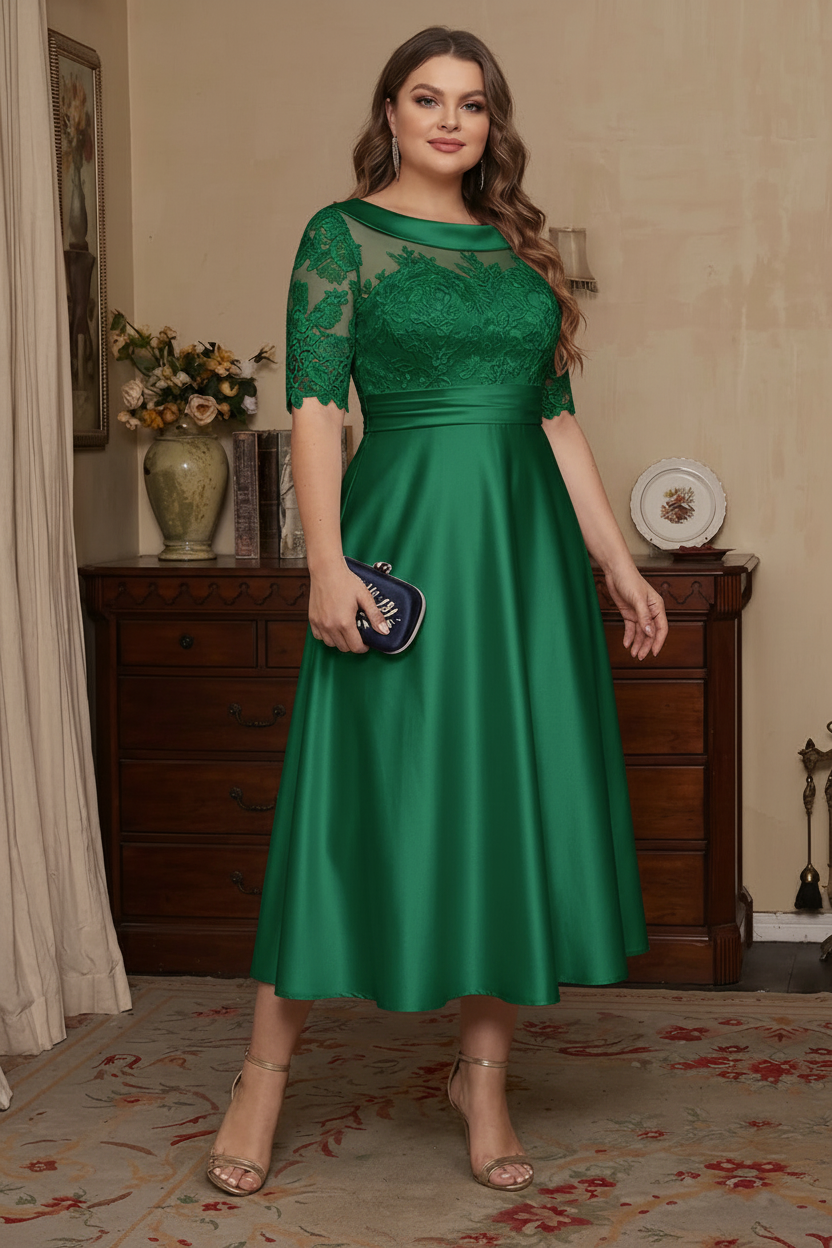 A-Line/Princess Scoop Satin Plus Size Mother of the Bride Dresses Lace Half Sleeves Tea-Length