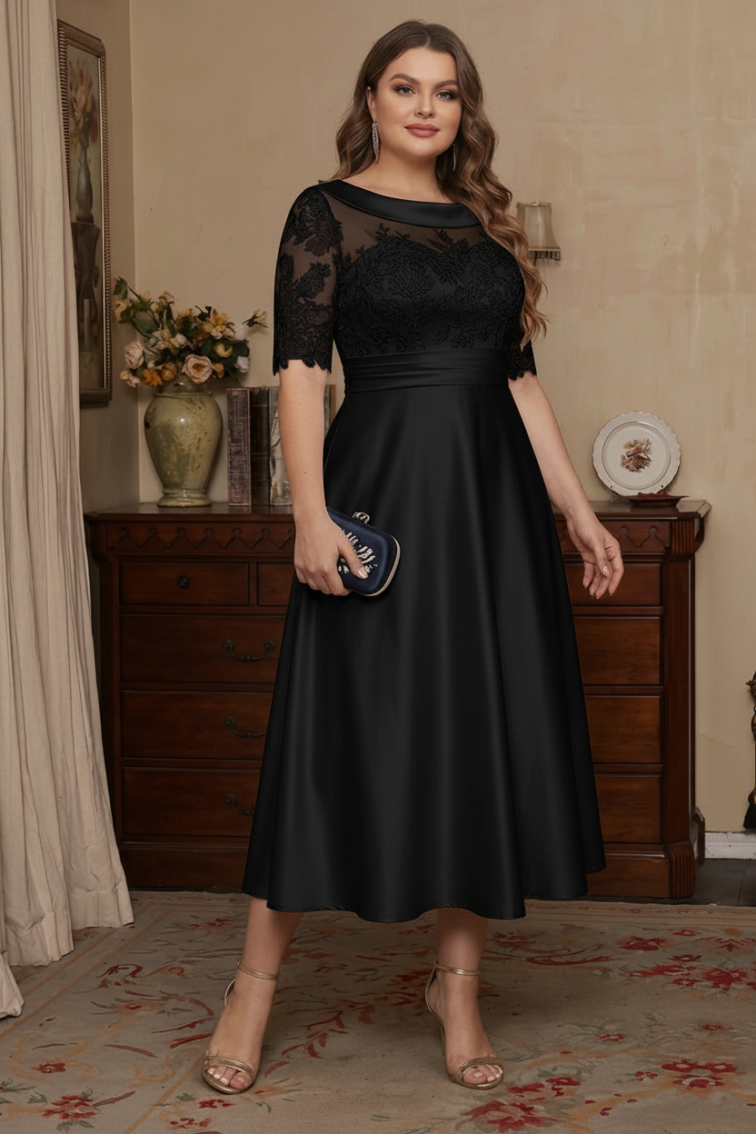 A-Line/Princess Scoop Satin Plus Size Mother of the Bride Dresses Lace Half Sleeves Tea-Length