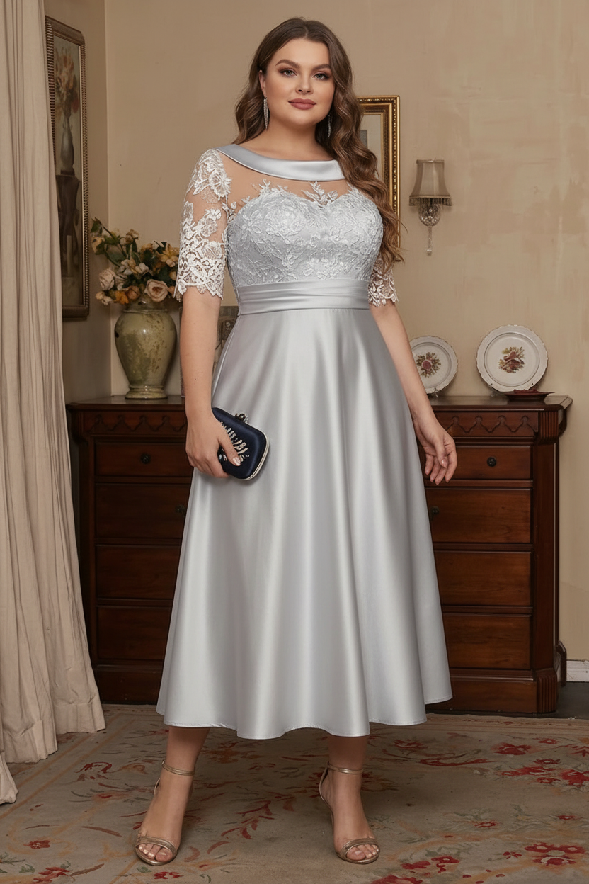 A-Line/Princess Scoop Satin Plus Size Mother of the Bride Dresses Lace Half Sleeves Tea-Length
