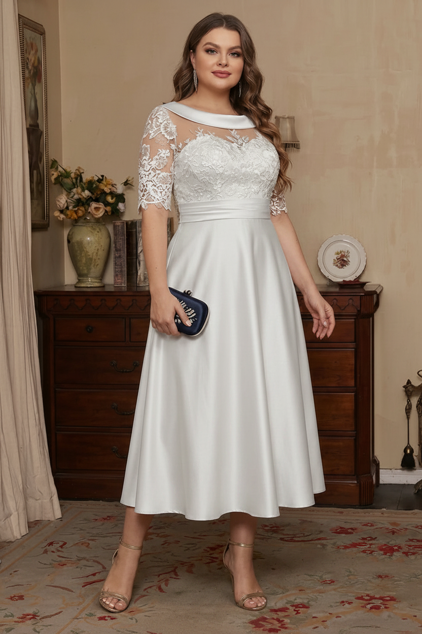 A-Line/Princess Scoop Satin Plus Size Mother of the Bride Dresses Lace Half Sleeves Tea-Length