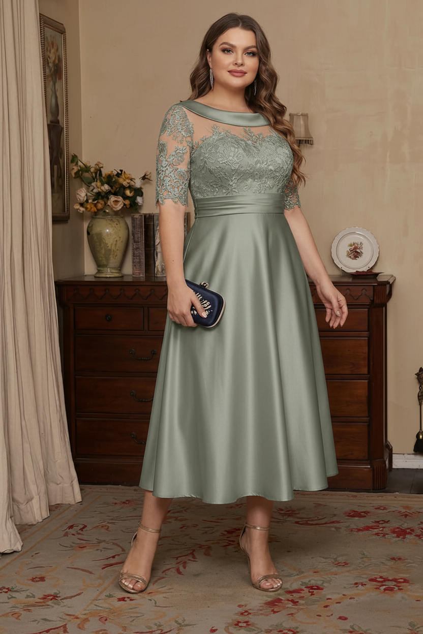 A-Line/Princess Scoop Satin Plus Size Mother of the Bride Dresses Lace Half Sleeves Tea-Length