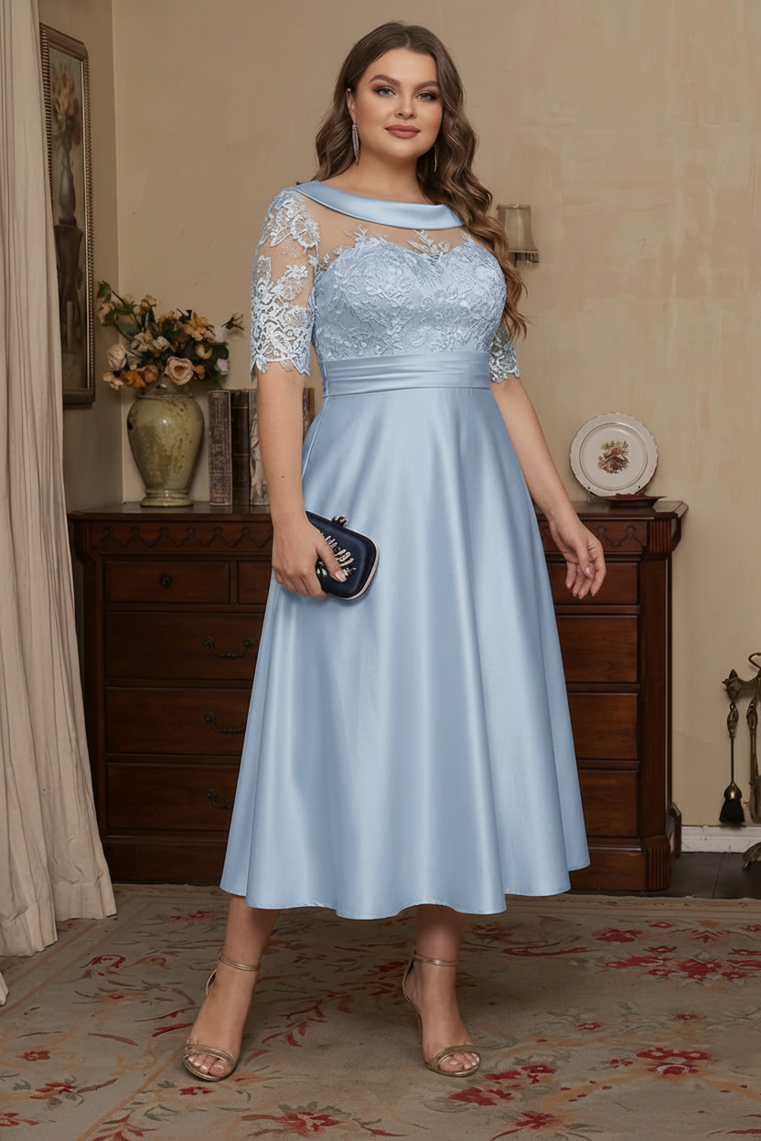 A-Line/Princess Scoop Satin Plus Size Mother of the Bride Dresses Lace Half Sleeves Tea-Length